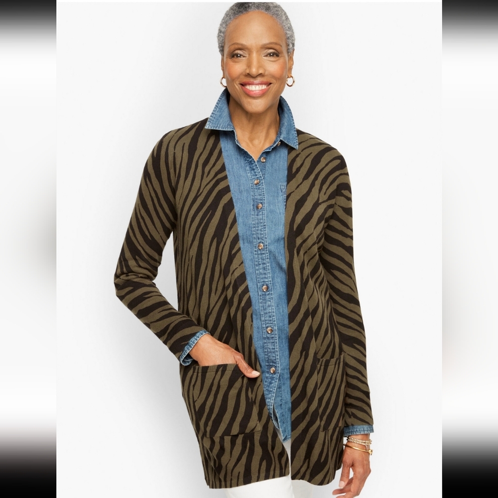 Talbots Womens Cardigan Sweater Open Front Linen Zebra Stripe Animal Print Large
